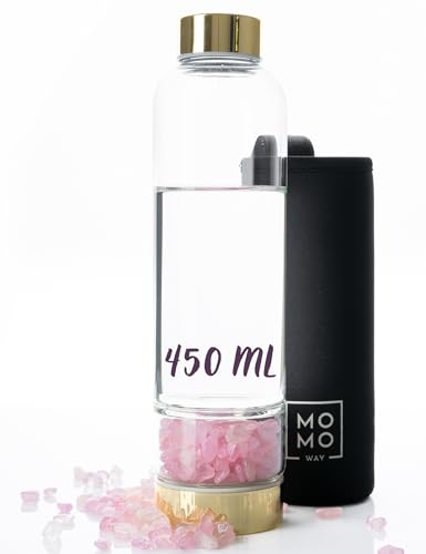 MOMO WAY Trinkflasche 450 ml, Wasserflasche mit Rosen Quarz, Glasflasche Lustige Geschenke Für Männer, Frauen, für Schule, Sport, Fitness Gold von MOMO WAY