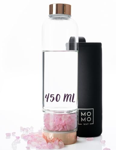 MOMO WAY Trinkflasche 450 ml, Wasserflasche mit Rosen Quarz, Glasflasche Lustige Geschenke Für Männer, Frauen, für Schule, Sport, Fitness Roségold von MOMO WAY