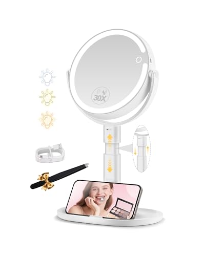 MOMOKUBA Kosmetikspiegel mit Beleuchtung, Schminkspiegel mit Beleuchtung Höhenverstellbarer, Vergrößerungsspiegel mit Licht 30-Fach, Doppelseitig 360° Drehbar, 3 Farbiger Rund Spiegel mit Licht Weiß von MOMOKUBA
