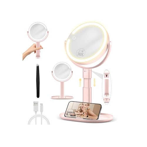 MOMOKUBA Kosmetikspiegel mit Beleuchtung, Schminkspiegel mit Beleuchtung Höhenverstellbarer, Vergrößerungsspiegel mit Licht 30fach, Doppelseitig 360° Drehbar, 3 Farbiger Rund Spiegel mit Licht Rosa MOMOKUBA Kosmetikspiegel mit Beleuchtung, Schminkspiegel mit Beleuchtung Höhenverstellbarer, Vergrößerungsspiegel mit Licht 30fach, Doppelseitig 360° Drehbar, 3 Farbiger Rund Spiegel mit Licht Rosa von MOMOKUBA