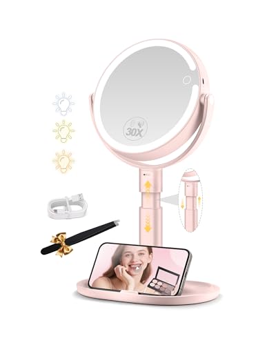 MOMOKUBA Kosmetikspiegel mit Beleuchtung, Schminkspiegel mit Beleuchtung Höhenverstellbarer, Vergrößerungsspiegel mit Licht 30fach, Doppelseitig 360° Drehbar, 3 Farbiger Rund Spiegel mit Licht Rosa von MOMOKUBA