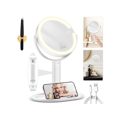 MOMOKUBA Kosmetikspiegel mit Beleuchtung, Vergrößerungsspiegel mit Licht 20fach, Kosmetikspiegel mit Vergrößerung 8", Doppelseitig 3 Farben 64 Led, Schminkspiegel mit Beleuchtung Rund 360° Drehbar von MOMOKUBA