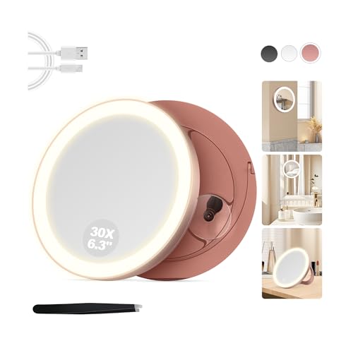 MOMOKUBA Kosmetikspiegel mit Beleuchtung, 30-Fach Vergrößerungsspiegel mit Saugnapf, 3 Farben beleuchtbar und dimmbar, für Präzisionsmake-up, Wand- oder Tischspiegel für Badezimmer, Roségold von MOMOKUBA