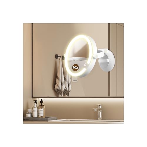 MOMOKUBA Vergrößerungsspiegel mit Saugnäpfen - Wandmontierter Vergrößerungsspiegel mit Licht 1x/20x Vergrößerung - 3 LED-Beleuchtungsmodi, wiederaufladbar & einstellbar für Badezimmer, Schlafzimmer von MOMOKUBA