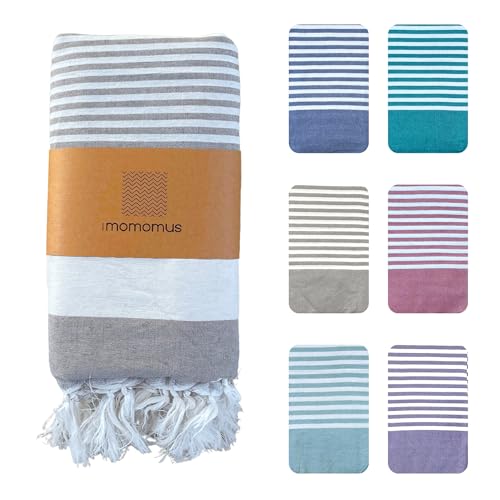 MOMOMUS Fouta XXL oder Dünne Picknickdecke Groß für Strand - Mit Fransen, Gestreift, ohne Sand - Stranddecke XXL, Strandmatte Sandfrei und Picnic Blanket - Beige, 210x240 cm von MOMOMUS