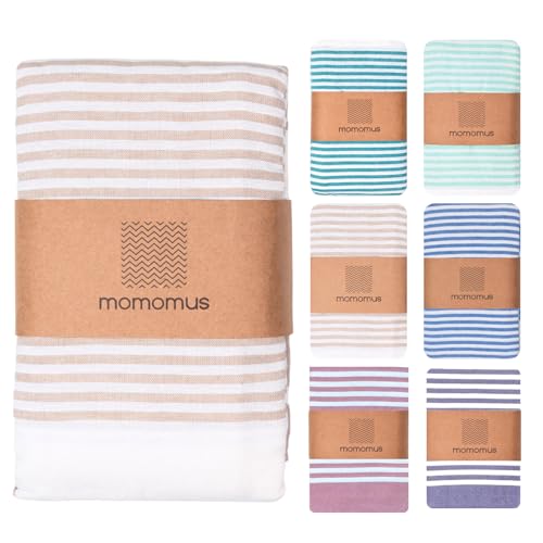 MOMOMUS Fouta XXL oder Picknickdecke XXL für den Strand - Mit Fransen, Gestreift und Leicht - Große Stranddecke, Sandfreie Strandmatte und Faltbare Campingdecke - Beige, 210x240 cm von MOMOMUS