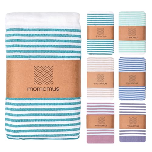 MOMOMUS Fouta XXL oder Picknickdecke XXL für den Strand - Mit Fransen, Gestreift und Leicht - Große Stranddecke, Sandfreie Strandmatte und Faltbare Campingdecke - Meergrün, 210x240 cm von MOMOMUS