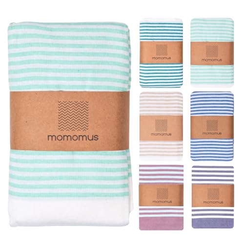 MOMOMUS Fouta XXL oder Picknickdecke XXL für den Strand - Mit Fransen, Gestreift und Leicht - Große Stranddecke, Sandfreie Strandmatte und Faltbare Campingdecke - Türkis, 210x240 cm von MOMOMUS