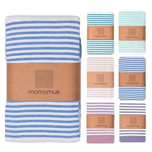 MOMOMUS Fouta XXL oder Picknickdecke XXL für den Strand - Mit Fransen, Gestreift und Leicht - Große Stranddecke, Sandfreie Strandmatte und Faltbare Campingdecke - Blau, 210x240 cm von MOMOMUS