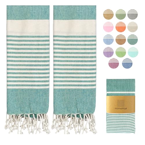 MOMOMUS Pack von 2 Fouta XL oder Strandhandtuch Baumwolle 100% - Saugfähig, Ultraweich, Kompakt - Strandtuch Fransen und Hamamtuch Dünn Sauna, Spa und Pool - Grün, 90x180cm von MOMOMUS