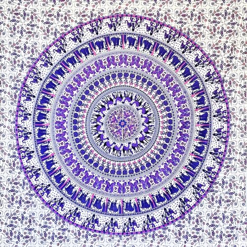 MOMOMUS Wandteppich Mandala - 100% Baumwolle, Bunt, Orientalische Designs - Ideal als Wandtuch Mandala, Indischer Wandbehang aus Stoff und Wandteppich Boho - Weiß-Lila, 135x210 cm von MOMOMUS
