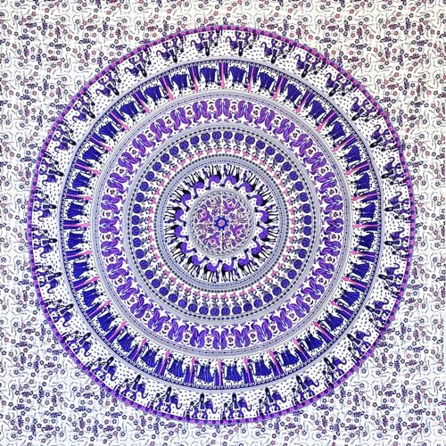 MOMOMUS Wandteppich Mandala - 100% Baumwolle, Bunt, Orientalische Designs - Ideal als Wandtuch Mandala, Indischer Wandbehang aus Stoff und Wandteppich Boho - Weiß-Lila, 210x230 cm von MOMOMUS