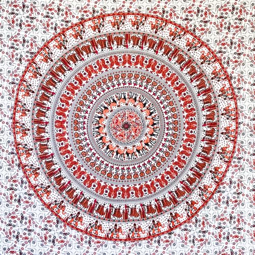 MOMOMUS Wandteppich Mandala - 100% Baumwolle, Bunt, Orientalische Designs - Ideal als Wandtuch Mandala, Indischer Wandbehang aus Stoff und Wandteppich Boho - Weiß-Orange, 210x230 cm von MOMOMUS