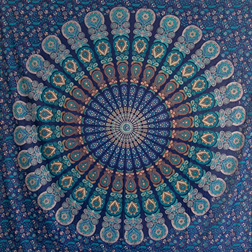 MOMOMUS Wandteppich Mandala - Mehrzweck, Bunt, 100% Baumwolle - Ideal als Wandteppich Aesthetic, Wandtuch Boho, Indischer Wandbehang aus Stoff oder Wall Tapestry - Blau, 135x210 cm von MOMOMUS