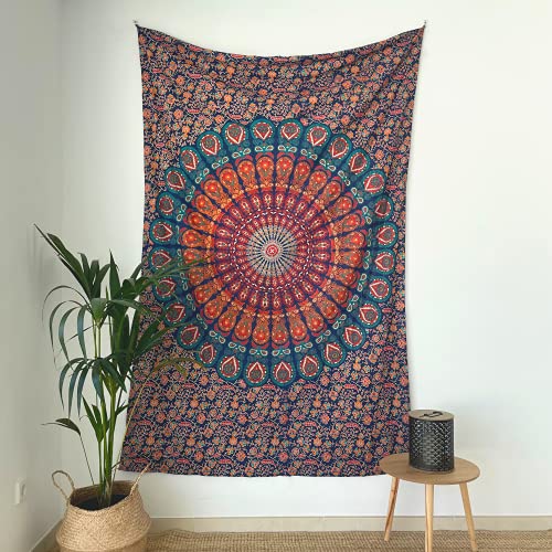 MOMOMUS Wandteppich Mandala - Mehrzweck, Bunt, 100% Baumwolle - Ideal als Wandteppich Aesthetic, Wandtuch Boho, Indischer Wandbehang aus Stoff oder Wall Tapestry - Blau und Rot, 135x210 cm von MOMOMUS