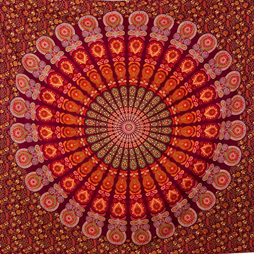 MOMOMUS Wandteppich Mandala - Mehrzweck, Bunt, 100% Baumwolle - Ideal als Wandteppich Aesthetic, Wandtuch Boho, Indischer Wandbehang aus Stoff oder Wall Tapestry - Rot, 210x230 cm von MOMOMUS