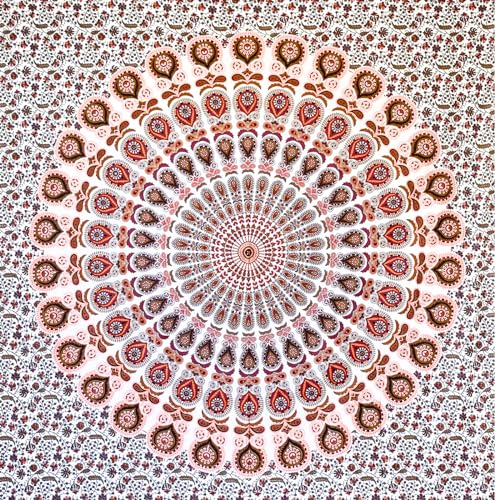 MOMOMUS Wandteppich Mandala - Mehrzweck, Bunt, 100% Baumwolle - Ideal als Wandteppich Aesthetic, Wandtuch Boho, Indischer Wandbehang aus Stoff oder Wall Tapestry - Weiß-Orange, 135x210 cm von MOMOMUS