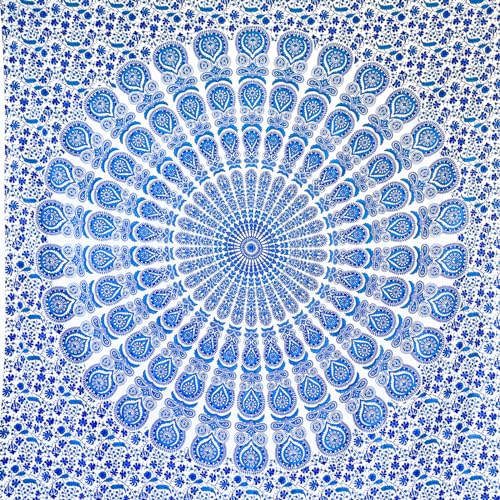 MOMOMUS Wandteppich Mandala - Mehrzweck, Bunt, 100% Baumwolle - Ideal als Wandteppich Aesthetic, Wandtuch Boho, Indischer Wandbehang aus Stoff oder Wall Tapestry - Weiß und Blau, 135x210 cm von MOMOMUS