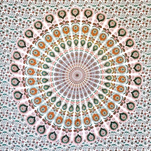 MOMOMUS Wandteppich Mandala - Mehrzweck, Bunt, 100% Baumwolle - Ideal als Wandteppich Aesthetic, Wandtuch Boho, Indischer Wandbehang aus Stoff oder Wall Tapestry - Weiß und Lachs, 210x230 cm von MOMOMUS
