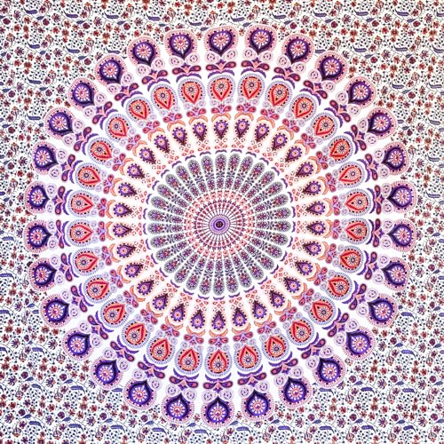 MOMOMUS Wandteppich Mandala - Mehrzweck, Bunt, 100% Baumwolle - Ideal als Wandteppich Aesthetic, Wandtuch Boho, Indischer Wandbehang aus Stoff oder Wall Tapestry - Weiß und Lila, 135x210 cm von MOMOMUS