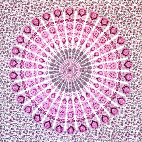 MOMOMUS Wandteppich Mandala - Mehrzweck, Bunt, 100% Baumwolle - Ideal als Wandteppich Aesthetic, Wandtuch Boho, Indischer Wandbehang aus Stoff oder Wall Tapestry - Weiß und Rosa, 135x210 cm von MOMOMUS