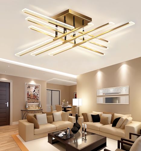 Goldene Moderne LED Deckenleuchte,Lineare Pendelleuchte,Dimmbare Intelligente Deckenlampe Mit Fernbedienung,Geeignet FüR Die Deckenbeleuchtung Im Wohn Und Schlafzimmer,Metalllampen Und (109CM) von MOMOYY
