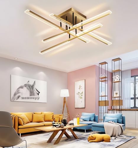 Goldene Moderne LED Deckenleuchte,Lineare Pendelleuchte,Dimmbare Intelligente Deckenlampe Mit Fernbedienung,Geeignet FüR Die Deckenbeleuchtung Im Wohn Und Schlafzimmer,Metalllampen Und (94CN) von MOMOYY