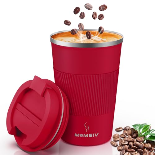 MOMSIV Thermobecher Isolierbecher, 13oz/380ml Rutschfest Edelstahl Travel Mug, Kaffeebecher aus Doppelwandig isoliert Vakuum auslaufsicher Reisebecher mit Deckel Kaffee-to-go Becher, Rot von MOMSIV