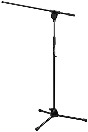 MONACOR MS-90/SW Mikrofon-Bodenstativ, Mikrofonständer mit längenverstellbarem, schwenkbarem Ausleger und trittschallgedämpften Klappfüßen, Gewinde 9 mm (3/8"), in Schwarz von MONACOR