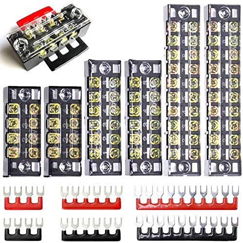 6 Stück Schraubklemmenleiste, Zweireihige 4/6/10 Positionen Schraubklemmenblock 600V 15A Mit Abdeckung + 6 Stück Rot/Schwarz vorisolierte Terminal Barrier Strip (12 Stück Set) von MONBEHJKA