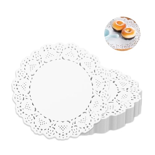 MONBEHJKA 150 Stück Tortenspitzen Rund 14cm Papierdeckchen Lace Tassenuntersetzer Papier fur Hochzeit Desserts Geschirrdekoration Geburtstagsfeier Papierdeckchen für Desserttabletts Weiß von MONBEHJKA