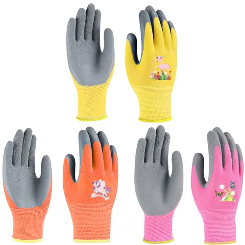 MONCAP 3 Paar Arbeitshandschuhe für Kinder Gartenhandschuhe Kinder Schutzhandschuhe Handschuhe mit Handflächenbeschichtung für Mädchen im Alter von 3–8 Jahren Hausarbeit Gartenarbeit von MONCAP