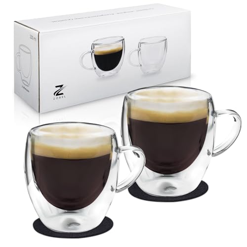 Zobel Kaffeetassen 200ml | 2er Set doppelwandige Kaffeegläser aus Borosilikatglas inkl. Filzuntersetzer | Spülmaschinenfest & hitzebeständig | Cappuccino Tassen von Zobel