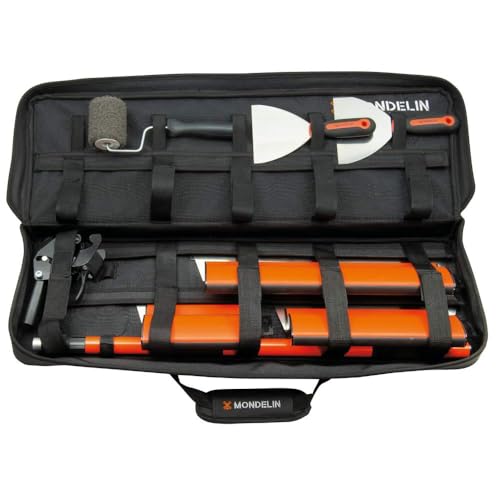 Mondelin - Textilkoffer mit 3 Ergo-Klingen – 1 Stange 75-140 cm mit schwenkbarem Kopf – 2 Kochmesser aus 2 Materialien 127 mm und 152 mm – Band mit Dichtung von MONDELIN