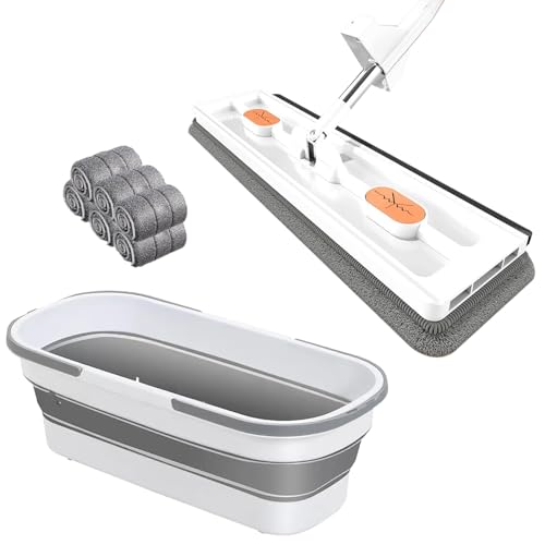 Großer Flacher Mopp, 360 Grad Magic Mop Self Wringing Wall Mop für Flat Floor Cleaning Scraper für die Reinigung von Fenster Mop,Weiß,Mop+6 Pads+Bucket von MONDEX