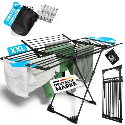 MONDHEIM® Obsidian | XXL Teleskop Wäscheständer 26M TROCKENLÄNGE | abnehmbare Querstrebe | Flügelwäscheständer platzsparend | nutzbar für Balkon oder Terasse von Generic