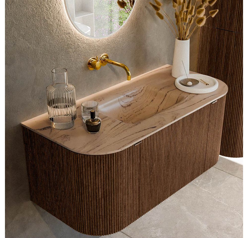 MONDIAZ Waschtisch set curve gerundet echtholz 100 cm Walnuss KRVGRU100LR1L2D0KMWalAre (Set Serie Curve, Waschbecken Serie Grunne, ohne Lochbohrung) von MONDIAZ