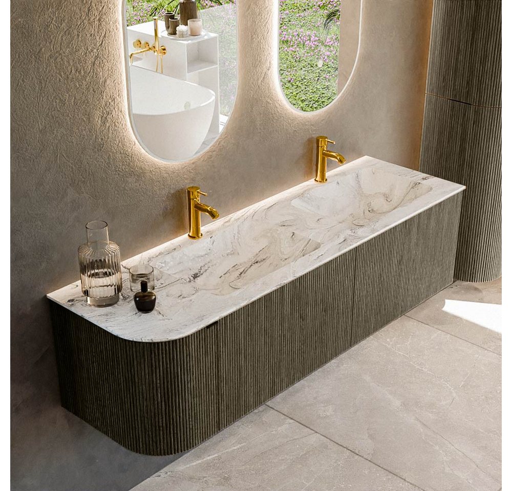 MONDIAZ Waschtisch set curve gerundet echtholz 155 cm Shadow KRVLEA155L2L1D2KDShaGla (Set Serie Curve, Waschbecken Serie Coff, mit Lochbohrung) von MONDIAZ