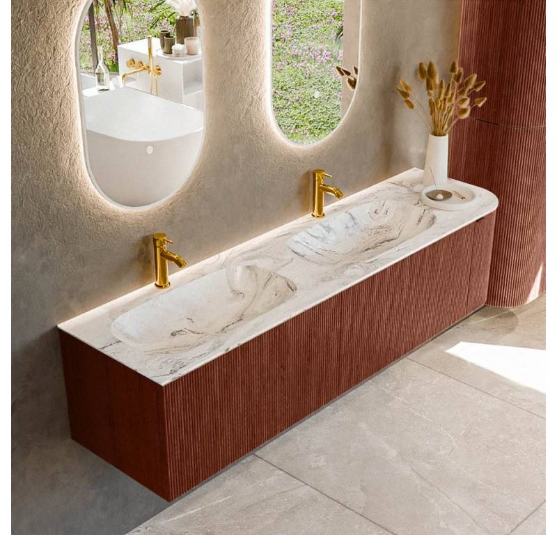 MONDIAZ Waschtisch set curve gerundet echtholz 175 cm Ruby KRVSTS175R2L1D2KDRubGla (Waschbecken Serie Stor Small, Set Serie Curve, mit Lochbohrung) von MONDIAZ