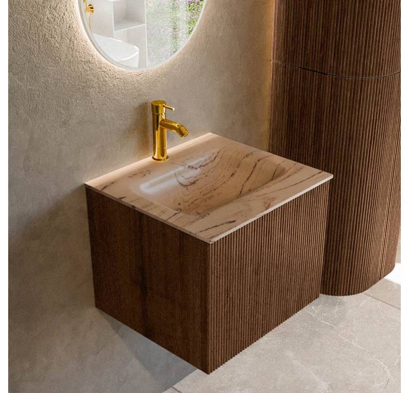 MONDIAZ Waschtisch set curve gerundet echtholz 50 cm Walnuss KRVGRU501L0D1KMWalAre (Set Serie Curve, Waschbecken Serie Grunne, mit Lochbohrung) von MONDIAZ