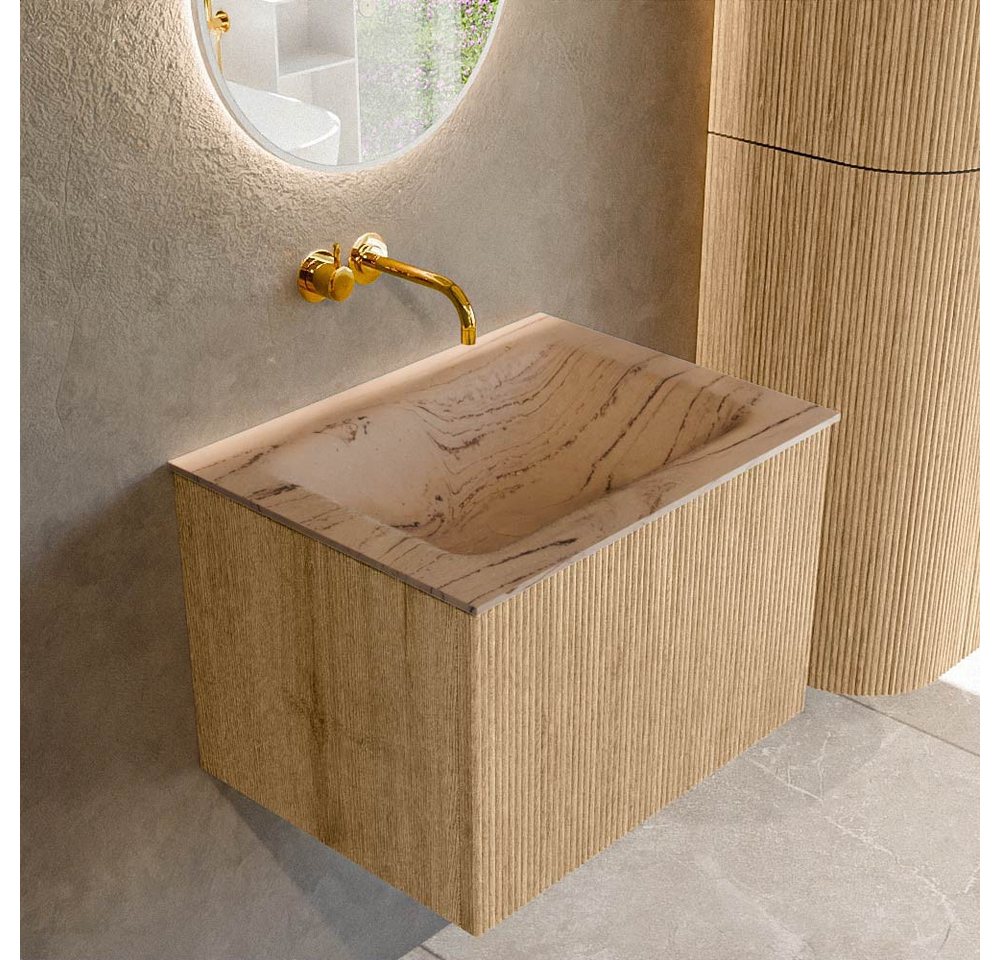 MONDIAZ Waschtisch set curve gerundet echtholz 60 cm Eiche KRVCLO601L0D0KMOakAre (Set Serie Curve, Waschbecken Serie Cloud (eckig), ohne Lochbohrung) von MONDIAZ