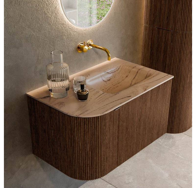 MONDIAZ Waschtisch set curve gerundet echtholz 75 cm Walnuss KRVGRU75L1L1D0KRWalAre (Set Serie Curve, Waschbecken Serie Grunne, ohne Lochbohrung) von MONDIAZ