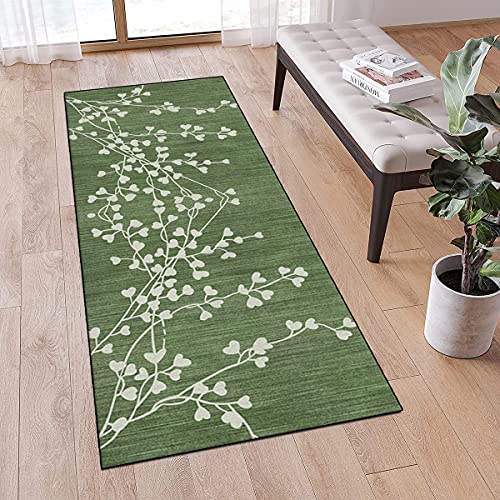 MONECER Teppichläufer rutschfest Meterware 60x80cm Grün Vintage Blatt Muster Dünner Waschbar Läufer Teppich Flur Schlafzimmer Korridor Küchenläufer Teppich Lang, Anpassbare Größe, 40-120cm Breit von MONECER