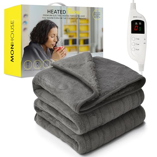 MONHOUSE Beheizter uberwurf - Heizdecke - Digitalregler - Timer Bis Zu 9 Stunden, 9 Warmeeinstellungen, Automatische Abschaltung - Maschinenwaschbar - Einzel 130X160Cm - Dunkelgrau Shearling von MONHOUSE