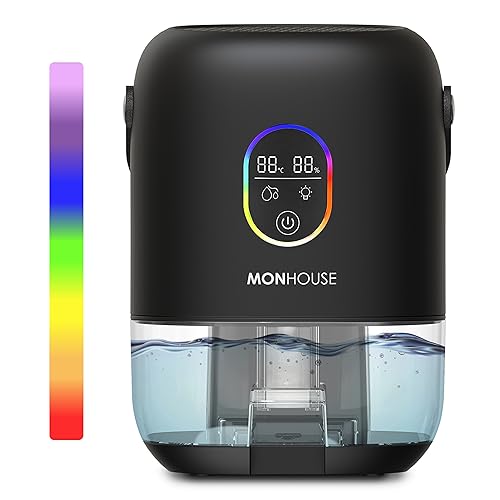 MONHOUSE Luftentfeuchter – 1000 ml – Ultra Leiser Elektrischer Feuchtigkeitsabsorber – 7 Buntes Nachtlicht, 2 Arbeitsmodi, Touchscreen, Feuchtigkeit, Temperaturanzeige – Schwarz von MONHOUSE