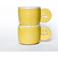 Espressotasse Smiley Gelb 80 Ml, 2 Tassen Lächeln & Schmollen, Kaffeetasse Stapelbar, Tasse Emoji Gute Laune Und Schlechte von MONIYceramics