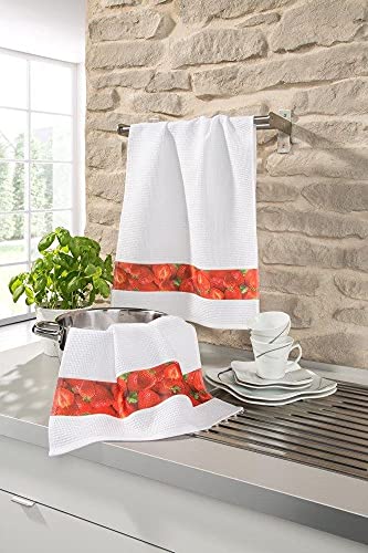 MONKEY CLEAN® 2er Set Waffelpiqué-Geschirrtücher I Baumwolle I 5 Designs (50x70cm), Design:Erdbeere von MONKEY CLEAN