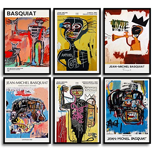 MONOKO® Abstrakte Bilder | Basquiat Poster Set Vintage Kunstdruck | Retro Wohnzimmer Wandbilder 6x A4 ohne Rahmen von MONOKO