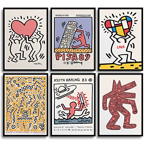 MONOKO® Pop Art Bilder Set | Keith Haring Poster Retro Kunstdruck | Wohnzimmer Wandbilder 6x A4 ohne Rahmen von MONOKO