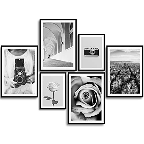 MONOKO® Premium Poster Wohnzimmer Bilder Set 6 Motive als stilvolle Wanddeko (Set Schwarz-Weiss, Kamera, Rose, 4X A4 | 2X A5) von MONOKO